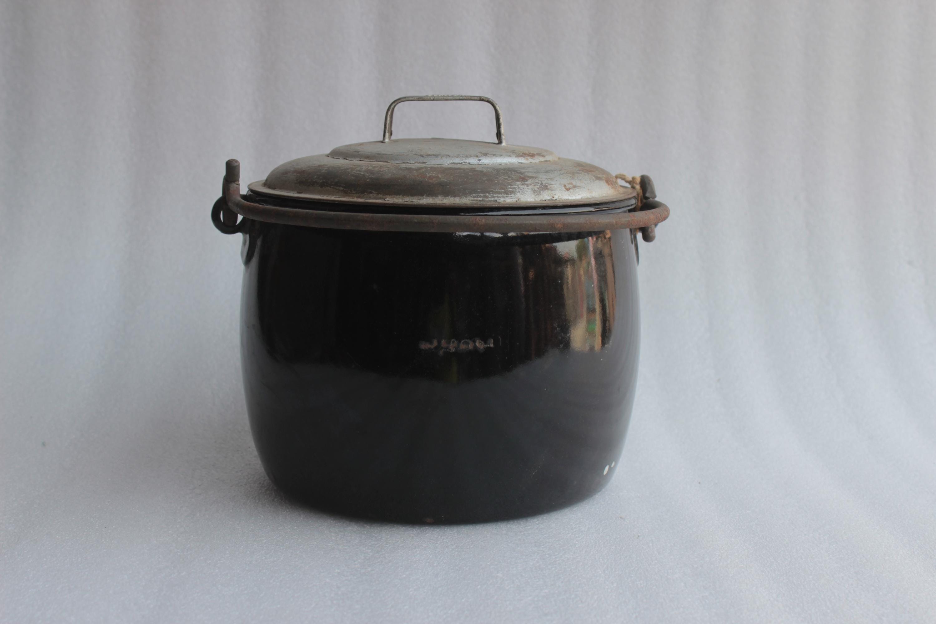 Old Vintage Black Iron Enamel Pot With Lid Judge Ware Kitchen Collectible