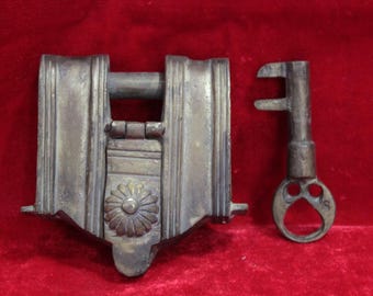 Old Vintage Iron Lock With Key Antique Home Decorative Collectible