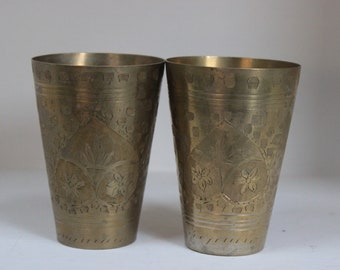 Vintage Brass Glass, Set of 2 Hand Carved Glass, Traditional Brass Lassi Milk Glass, Antique Indian Collectibles, Home Decorative Tableware