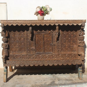 Damchiya, Carved Dowry Chest, Vintage Trunk Box, Side Table Console