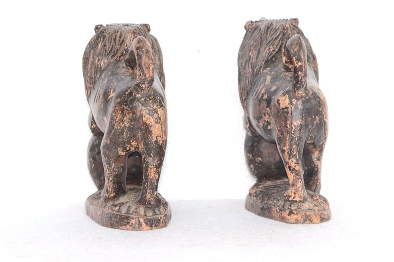 Hand Carved Lion Statue Figure, 2 Pcs Wooden Old Vintage Antique, Home/Office Decor, Collectible, Christmas Gift, Indian Art Handcraft, image 6