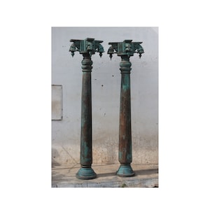 Antique Jack Wood Pillars Set of Two, Indian Antique pillars, solid Jack wood Columns Includes capitals and plinths