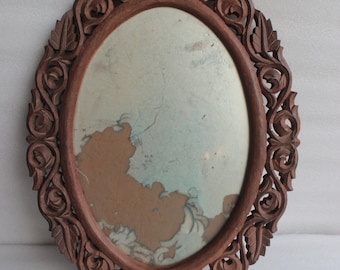 Vintage oval shape carved mirror, Wooden Vintage Mirror Frame, Antique Wall Decorative