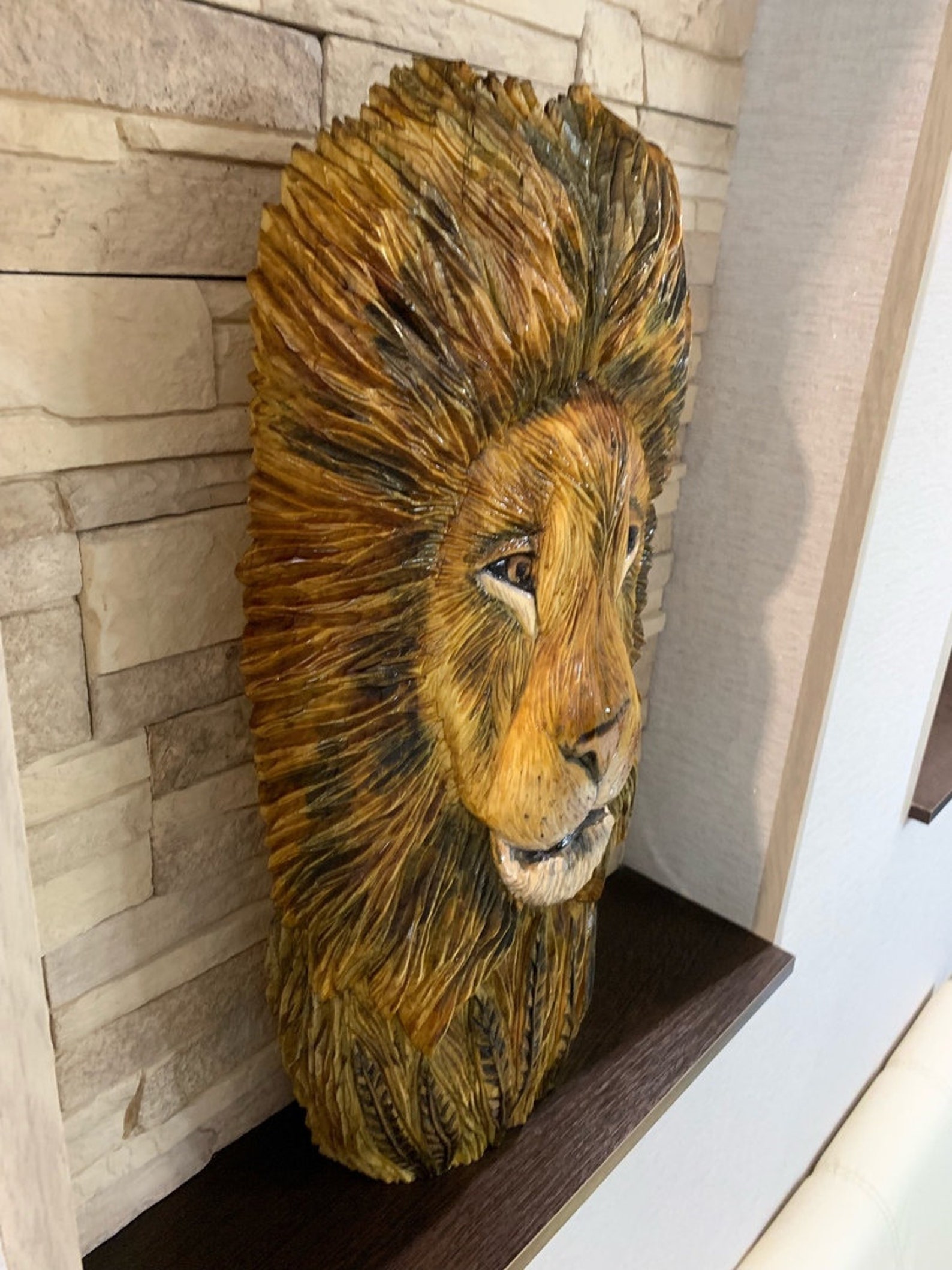 Carved wood lion Wooden lion Lion wall art Lion head wall Etsy