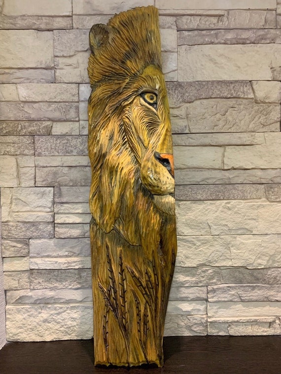 Carved Wood Lion Wooden Wall Art Head Decor Sculpture Abstract African