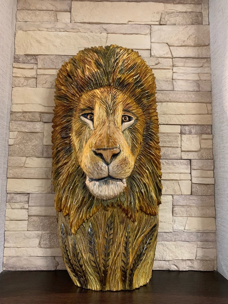 Carved wood lion Wooden lion Lion wall art Lion head wall Etsy
