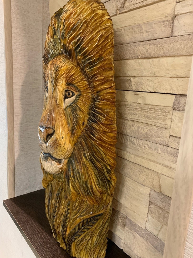 Carved wood lion Wooden lion Lion wall art Lion head wall Etsy