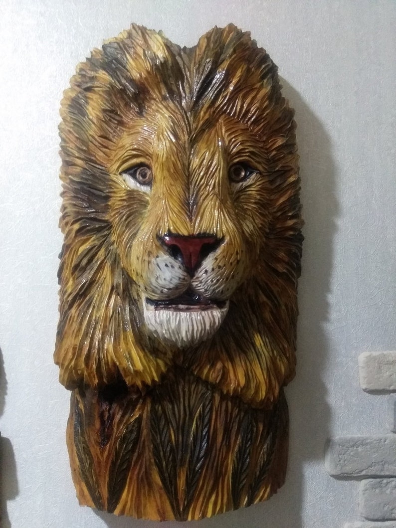 Carved wood lion Wooden lion Lion wall art Lion head wall | Etsy