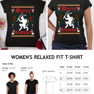 May include: Black women's relaxed fit t-shirt with a Christmas-themed design featuring a Krampus figure and the text "Merry Krampus". The shirt is shown on a model and a size chart is included with measurements in inches.
