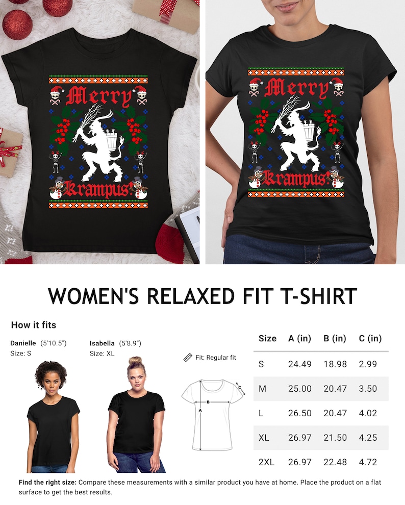May include: Black women's relaxed fit t-shirt with a Christmas-themed design featuring a Krampus figure and the text "Merry Krampus". The shirt is shown on a model and a size chart is included with measurements in inches.