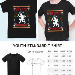 May include: Black youth standard t-shirt with a white Christmas Krampus design. The shirt has a red "Merry Krampus" text and a white illustration of a Krampus figure with a basket. The size chart shows measurements in inches.