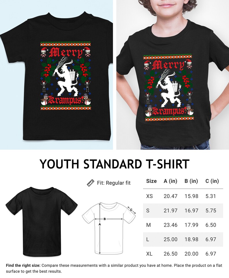 May include: Black youth standard t-shirt with a white Christmas Krampus design. The shirt has a red "Merry Krampus" text and a white illustration of a Krampus figure with a basket. The size chart shows measurements in inches.