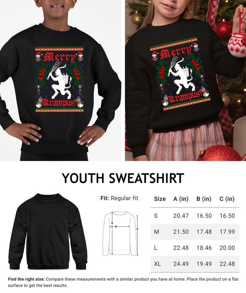 May include: Black youth sweatshirt with a Christmas-themed design featuring a Krampus figure and the text "Merry Krampus". The sweatshirt is available in sizes S, M, L, and XL. The size chart shows the measurements in inches for the chest, width, and length.