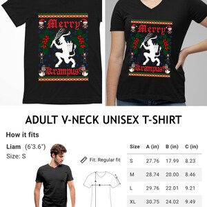 May include: Black v-neck unisex t-shirt with a white graphic of a Christmas Krampus figure with the text "Merry Krampus". The shirt is available in sizes S, M, L, XL, and 2XL. The size chart shows the measurements in inches for the chest, width, and length.