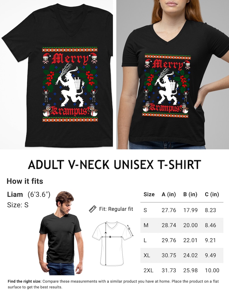 May include: Black v-neck unisex t-shirt with a white graphic of a Christmas Krampus figure with the text "Merry Krampus". The shirt is available in sizes S, M, L, XL, and 2XL. The size chart shows the measurements in inches for the chest, width, and length.