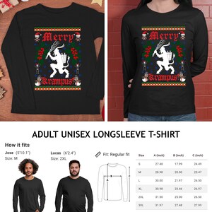 May include: Black long-sleeve t-shirt with a white graphic of a Krampus figure with the text "Merry Krampus". The shirt is available in sizes S-3XL. The size chart shows measurements in inches for the chest, sleeve length, and overall length.