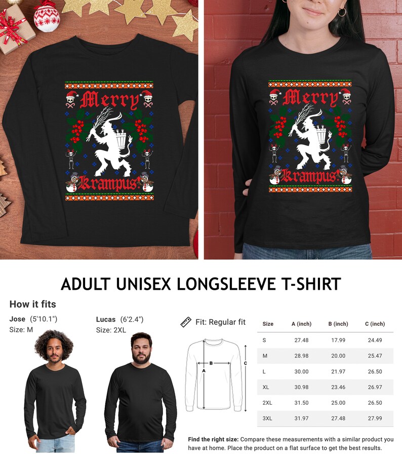 May include: Black long-sleeve t-shirt with a white graphic of a Krampus figure with the text "Merry Krampus". The shirt is available in sizes S-3XL. The size chart shows measurements in inches for the chest, sleeve length, and overall length.