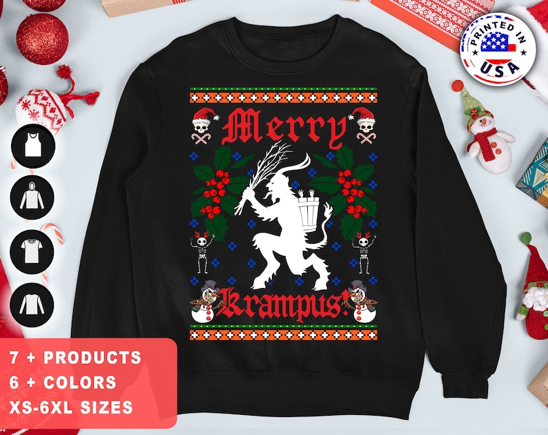 May include: Black Christmas sweater with a white Krampus figure holding a sack and a branch. The sweater has a red and green holly design with a white "Merry Krampus!" text.