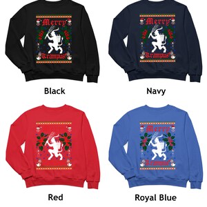 May include: Four different color Christmas sweaters featuring a Krampus design. The sweaters are black, navy, red, and royal blue. The design features a Krampus figure with the text "Merry Krampus".