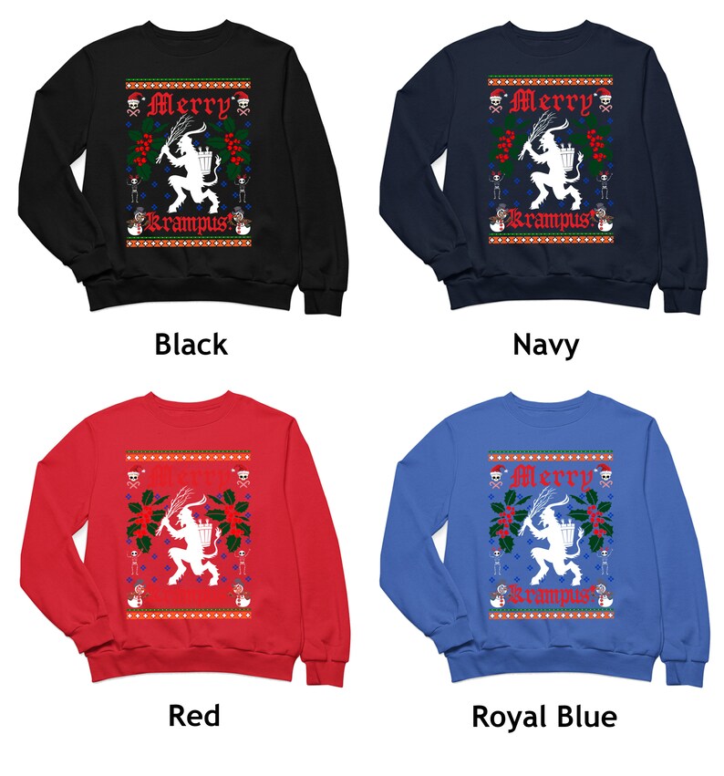 May include: Four different color Christmas sweaters featuring a Krampus design. The sweaters are black, navy, red, and royal blue. The design features a Krampus figure with the text "Merry Krampus".