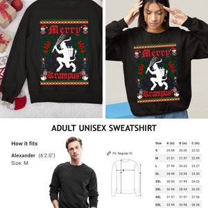 May include: Black unisex sweatshirt with a Christmas-themed design featuring a Krampus figure, the text "Merry Krampus", and a variety of holiday symbols. The sweatshirt is available in sizes S-5XL.