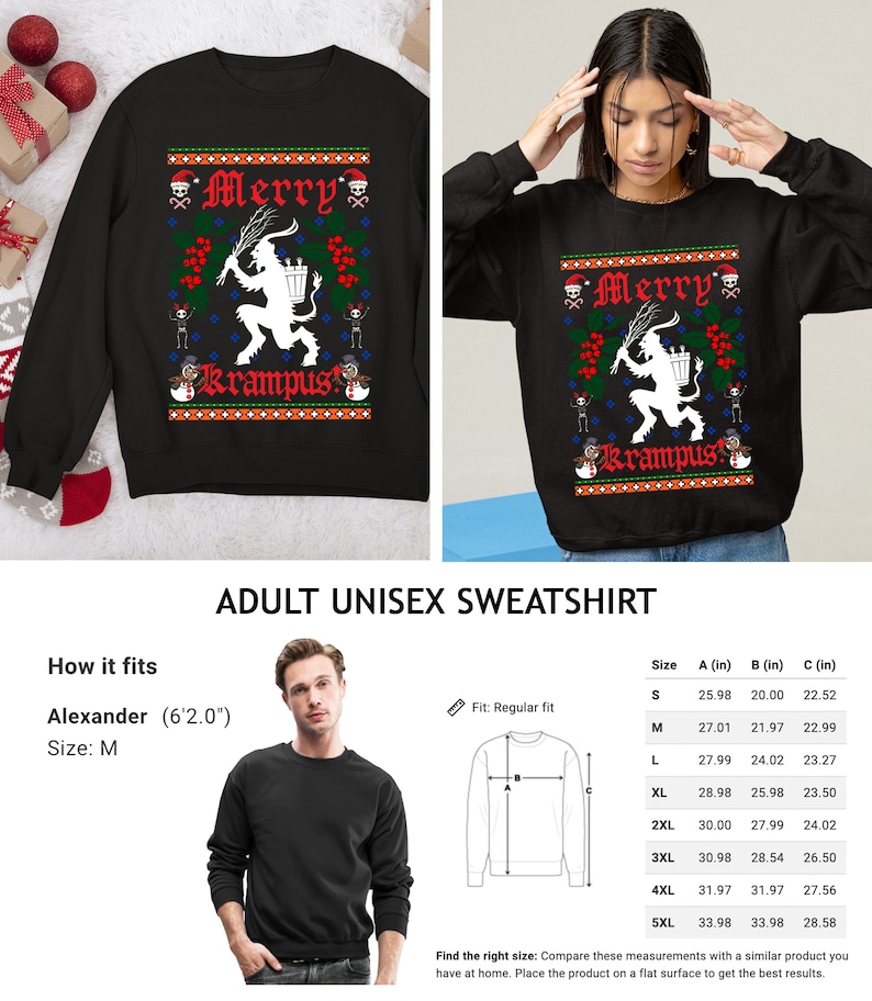 May include: Black unisex sweatshirt with a Christmas-themed design featuring a Krampus figure, the text "Merry Krampus", and a variety of holiday symbols. The sweatshirt is available in sizes S-5XL.