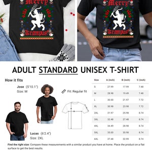 May include: Black unisex t-shirt with a white graphic of a Krampus figure holding a bucket. The text "Merry Krampus" is printed in red and white on the shirt. The shirt is available in sizes S-6XL. The size chart shows the measurements in inches for each size.
