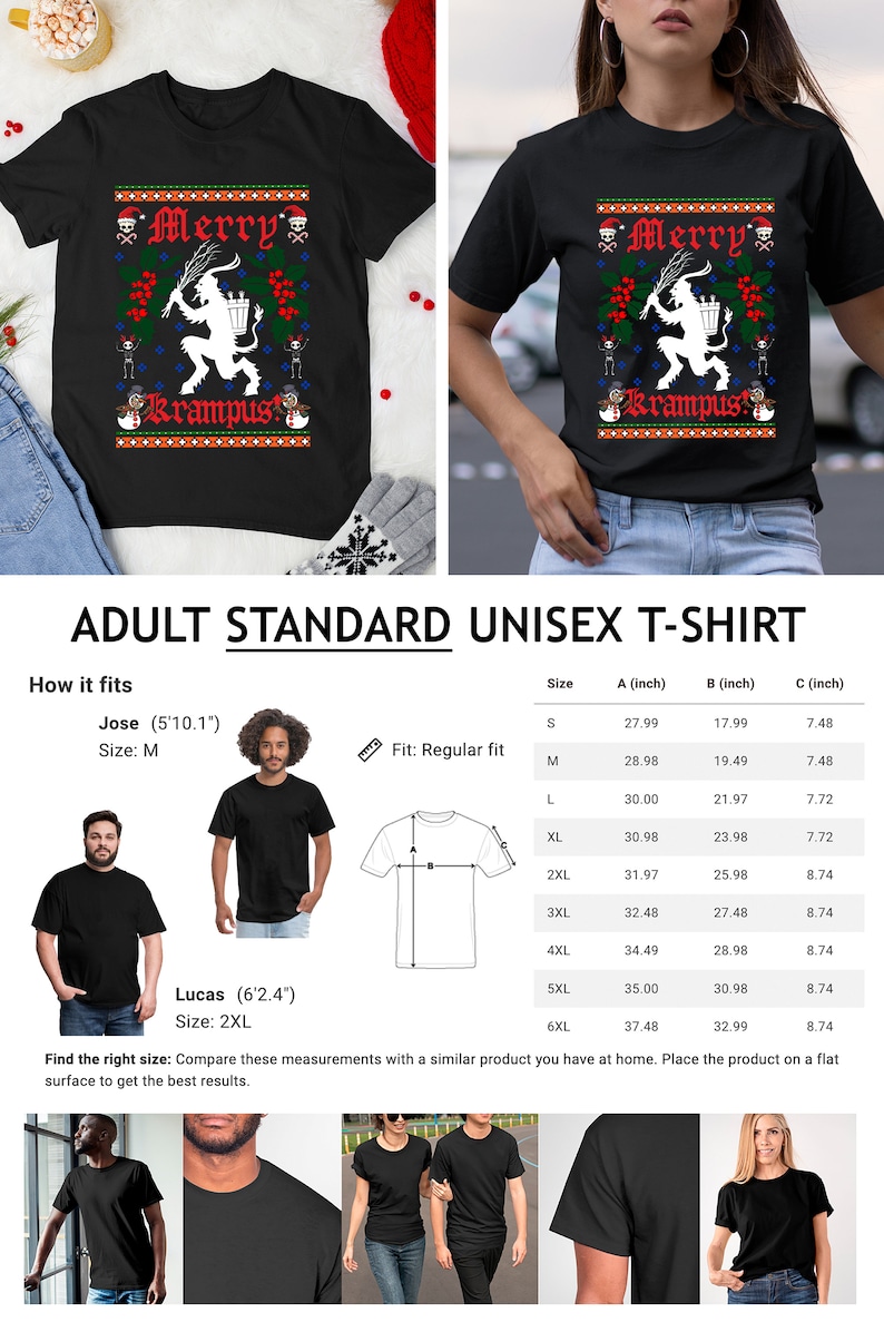 May include: Black unisex t-shirt with a white graphic of a Krampus figure holding a bucket. The text "Merry Krampus" is printed in red and white on the shirt. The shirt is available in sizes S-6XL. The size chart shows the measurements in inches for each size.