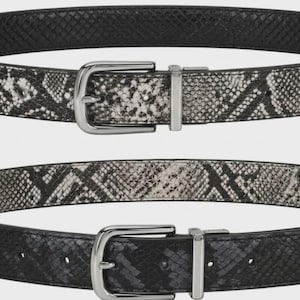 以下が含まれることがあります： シルバーカラーのバックルが付いたリバーシブルベルト2本。片面は黒色のテクスチャパターン、もう片面は白黒のヘビ柄プリント。ベルトはニュートラルな背景に表示されています。