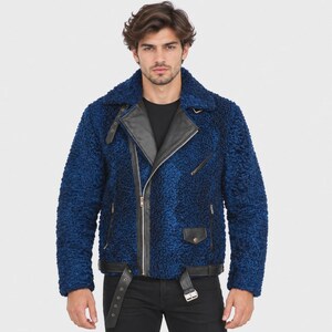 Men's Navy Blue Biker / Motorcycle Jacket Real Leather Trim All Sizes