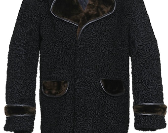 Black Real Persian Lamb Fur astrakhan karakuli sawarka coat not duble breasted real sheep Fur collar,shoulder & cuffs straps 35inches Length