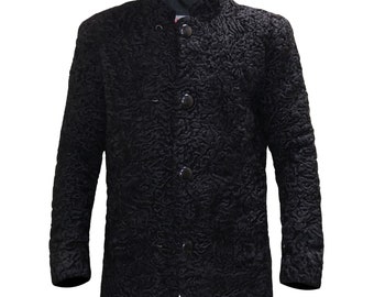 Men&#39;s Black 100% Real Persian Lamb Fur jacket coat astrakhan swakara karakuli hand made All sizes & custom made bespoke made to order