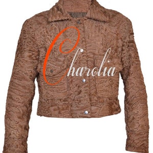 May include: A brown faux fur jacket with a button closure and a patch pocket on the left side. The jacket has a textured, curly fur design. The text "Charolia" is visible on the front of the jacket.