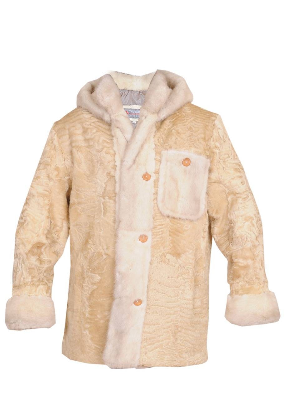 Montell Jorden Gray cream off white real Persian Lamb Fur Coat with white real Mink fur collar and trim on front and cuffs.All sizes