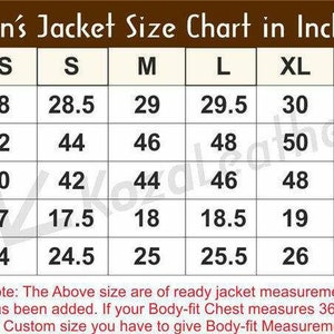 Op de afbeelding: Een maattabel voor jassen in inches, met de maten voor lengte, borst, taille, schouder en mouwen. De tabel bevat de maten XS, S, M, L, XL, 2XL en 3XL.