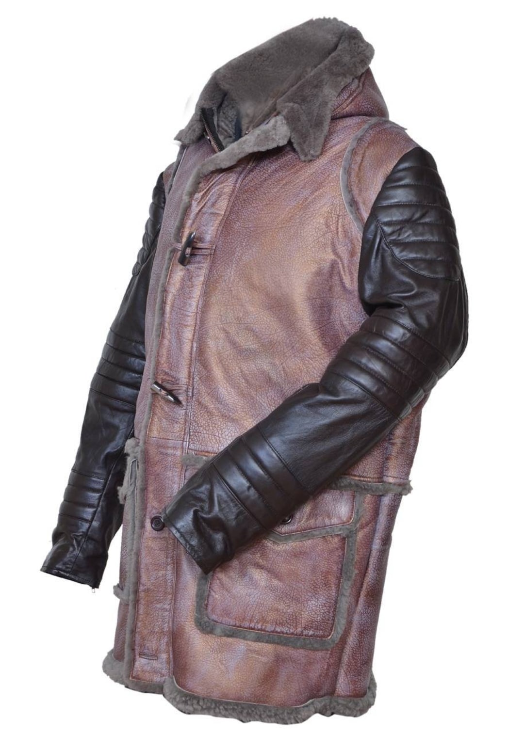 Men's Real Sheep Leather Shearling Sheep Fur Jacket Duffle 3/4