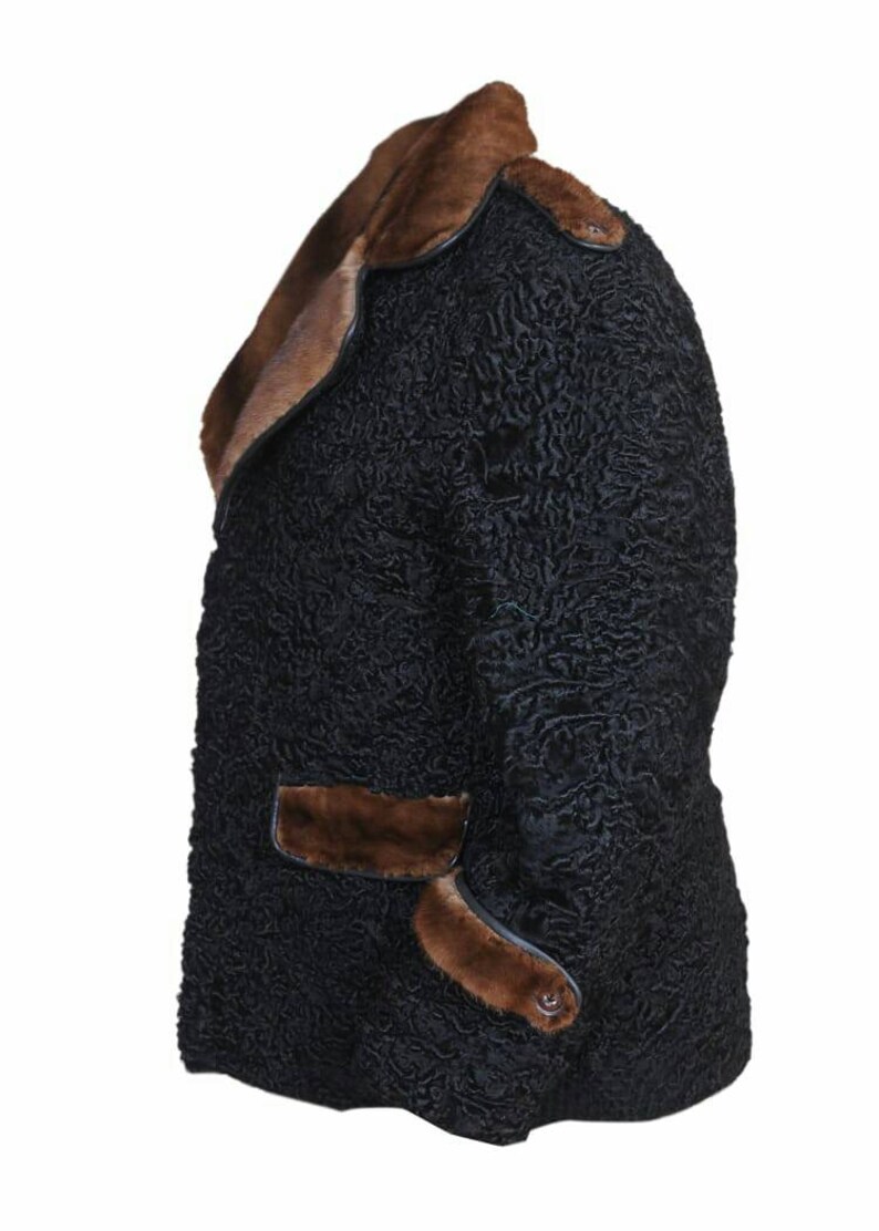 Men's Black Real Persian Lamb Fur 35 Inches Length Coat With Brown Real Mink Fur Straps on