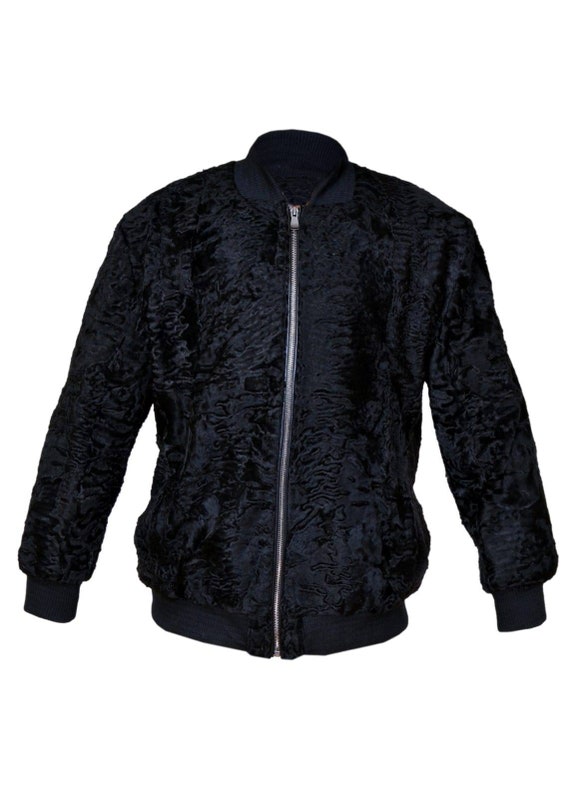 Men's Black Real Broadtail Astrakhan Sport Baseball Bomber