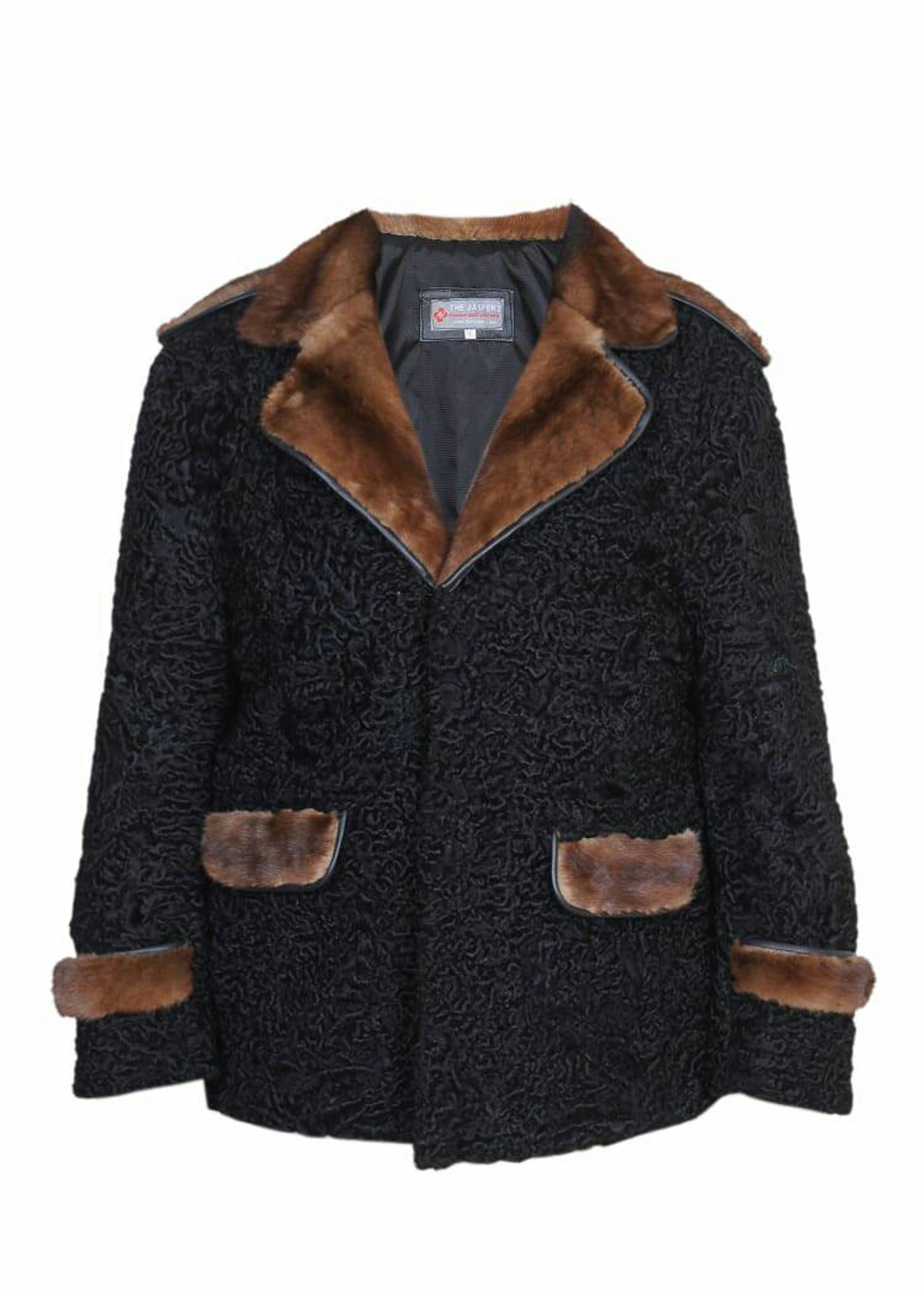 Men's Black Real Persian Lamb Fur 35 Inches Length Coat With Brown Real Mink Fur Straps on