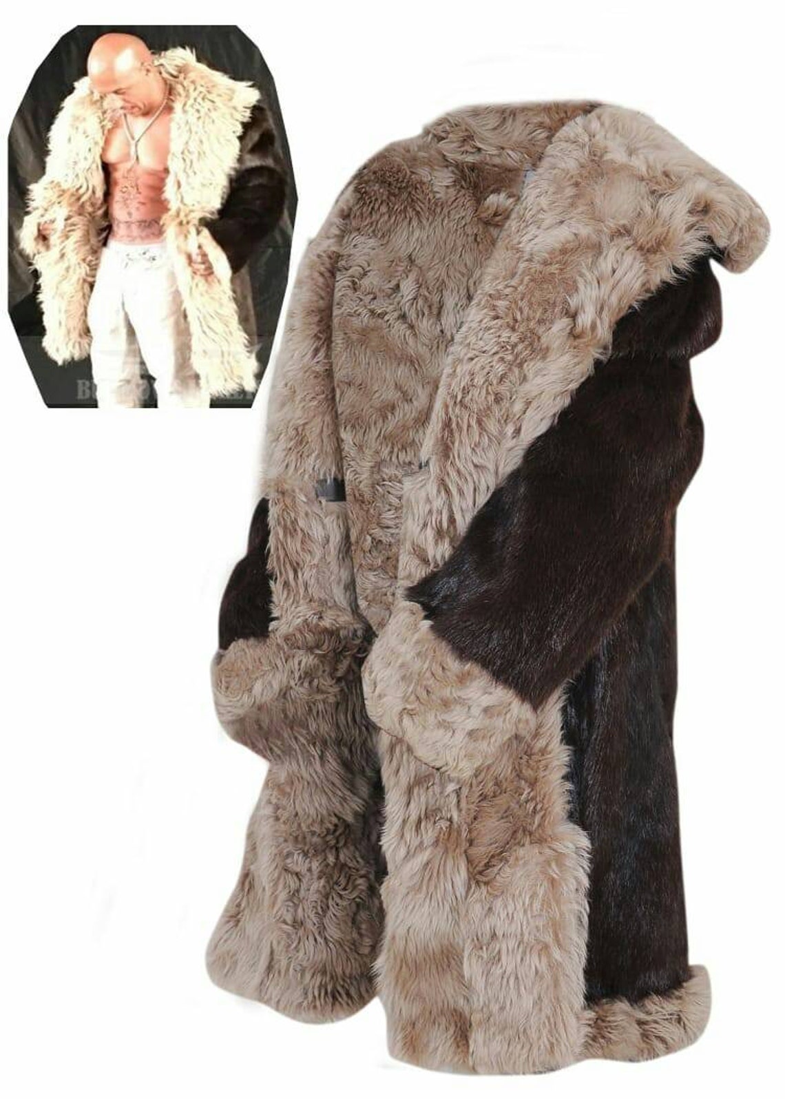 VIN DIESEL Real Nutria Fur Long Coat With Alpaca Sheep Fur Shawl Collar