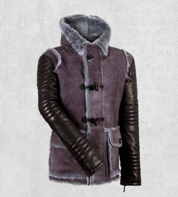Men's Real Sheep Leather Shearling Sheep Fur Jacket Duffle 3/4
