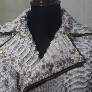 Pode incluir: Uma jaqueta de couro de cobra cinza com fecho de correr e gola alta.