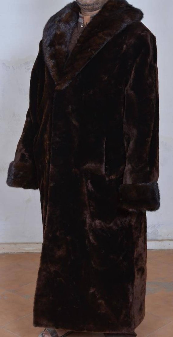 Men s Bronw New Real Mouton Lamb Fur Real Sheared Beaver Fur Long Maxi Coat With Real Mink Fur Collar and Cuffs All Sizes Etsy UK