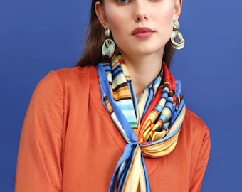 100% Silk Scarf, FLAME Collection. Square Silk Scarf, Hand-stitched.