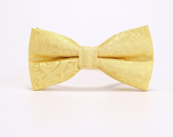 Mens Yellow Bow Tie,Bright Yellow Paisley Bow Tie,Golden Yellow Tie,Wedding Bow Tie,Groom BowTie,Valentine&#39;s Day Bowtie Gift,Pre-Tied Bowtie