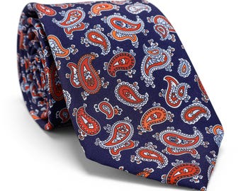 Mens Burnt Orange Paisley Floral Tie,Vintage Paisley Tie,Blue Wedding Tie,Groom Groomsmen Neckties,Formal Business Tie,Gift for Him,Dad Gift