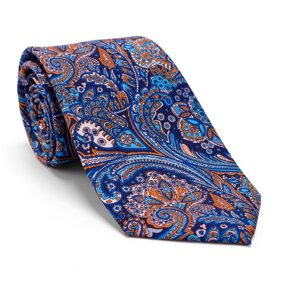 Blue and Orange Paisley Tie for Men,Ornate Vintage Paisley Floral Wedding Tie,Silk-Like,8cm,Luxury Tie,Groom Groomsmen Gift Tie,Gift for Him