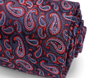 Corbata jacquard de cachemir en rojo carmesí y azul pizarra, corbata de boda vintage de poliéster para hombre.