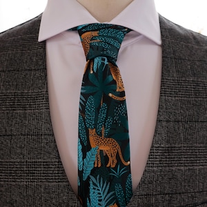 Deep Forest Green Tie with Jungle Leopard Embroidery,Statement Animal Tie,Tropical Wedding Tie,Safari Theme Tie,Gift for Men,Groomsmen Gift