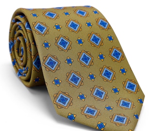 Corbata de hombre con medallón, estampado geométrico en oro verde oliva y azul, corbata de boda, regalo para él.